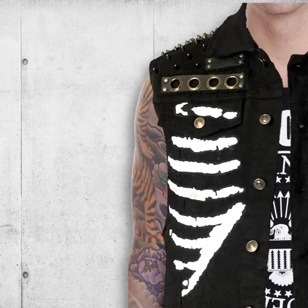 Black Punk Rock Skeleton Rib Cage Battle Vest boomersarepunktoo.com