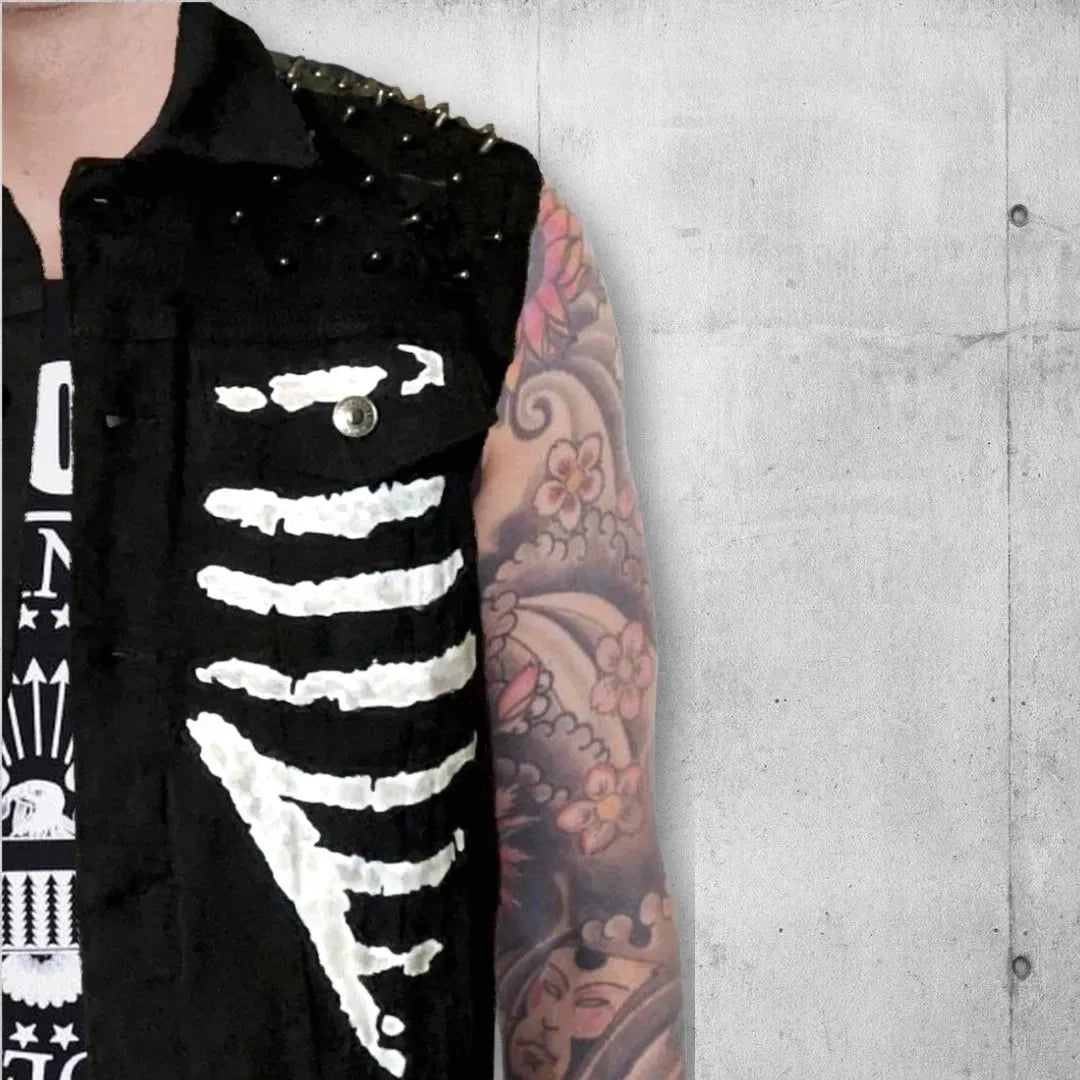 Black Punk Rock Skeleton Rib Cage Battle Vest boomersarepunktoo.com