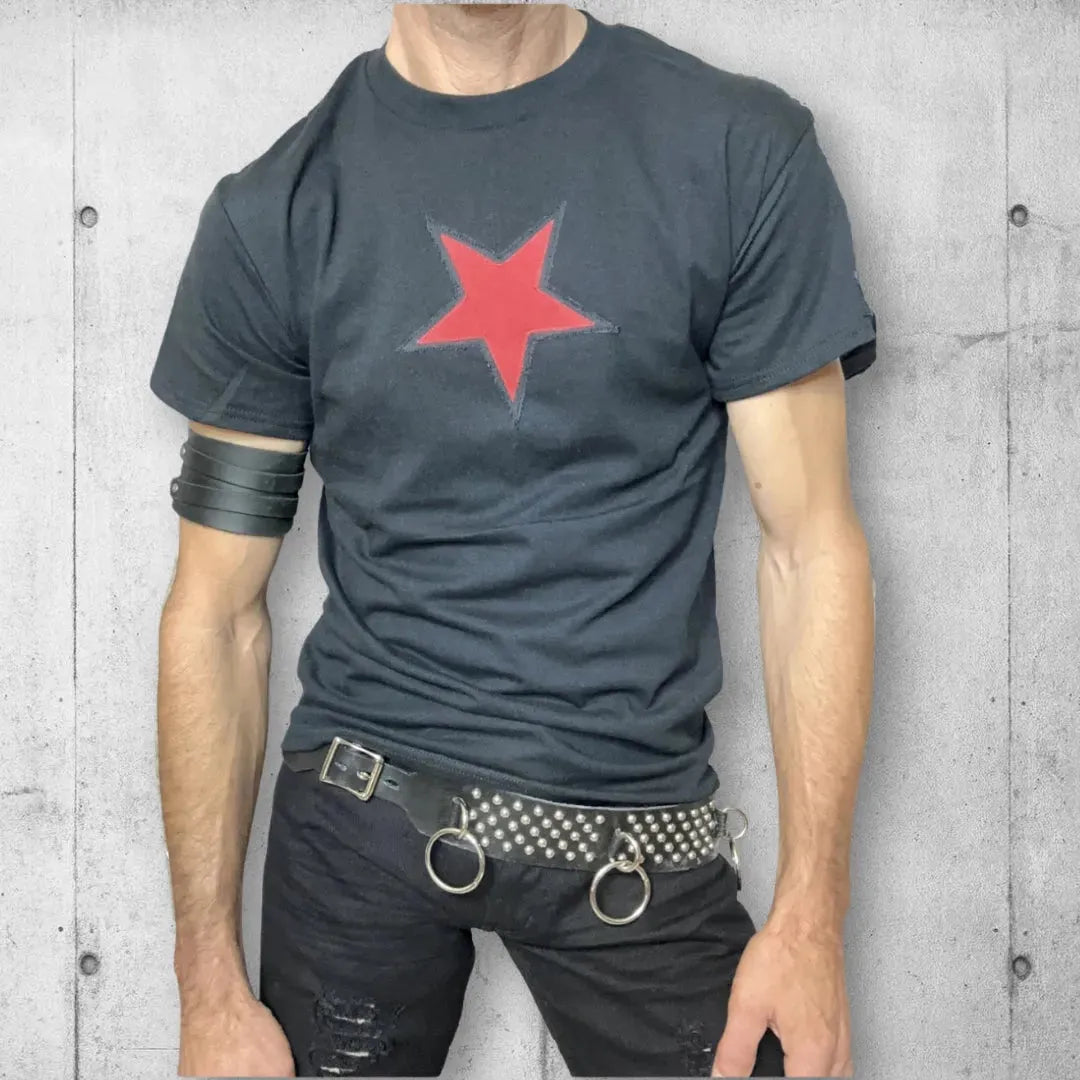 Boomers Denim Red Star Rocker Patch Tee Shirt boomersarepunktoo.com