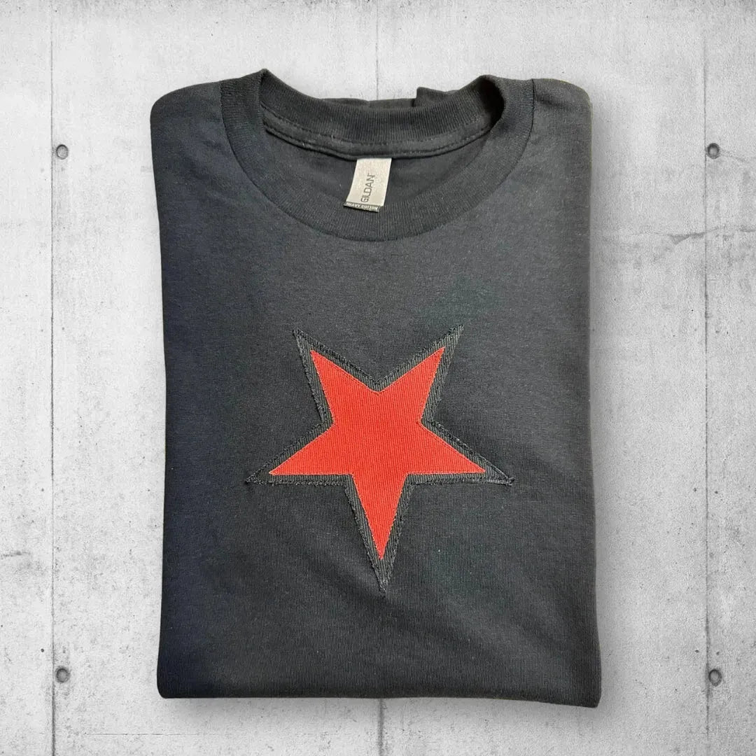 Boomers Denim Red Star Rocker Patch Tee Shirt boomersarepunktoo.com