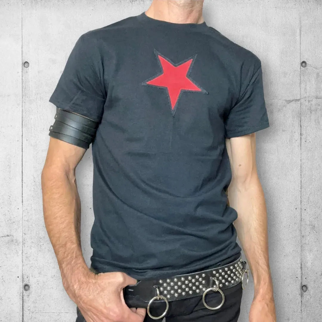 Boomers Denim Red Star Rocker Patch Tee Shirt boomersarepunktoo.com