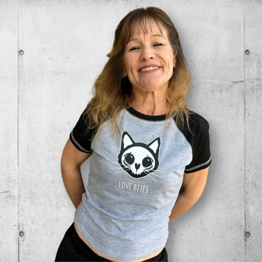 Love Bites Gothic Kitty Skull Stretchy Crop Tee Shirt boomersarepunktoo.com