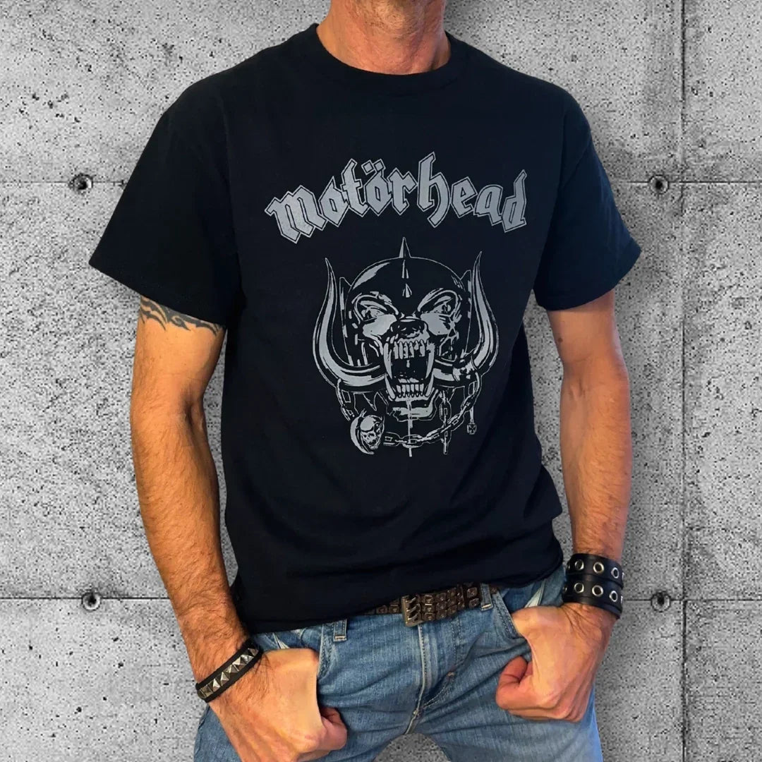 Man wearing black Motörhead Warpig t-shirt, metal band graphic tee, rock style