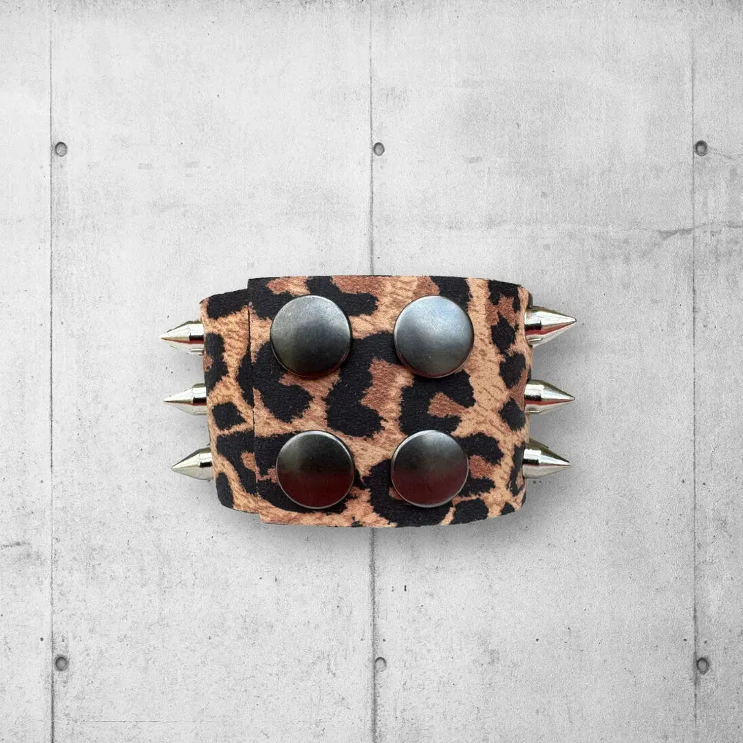 Pretty in Punk Brown Leopard Print Spiked Leather Cuff boomersarepunktoo.com
