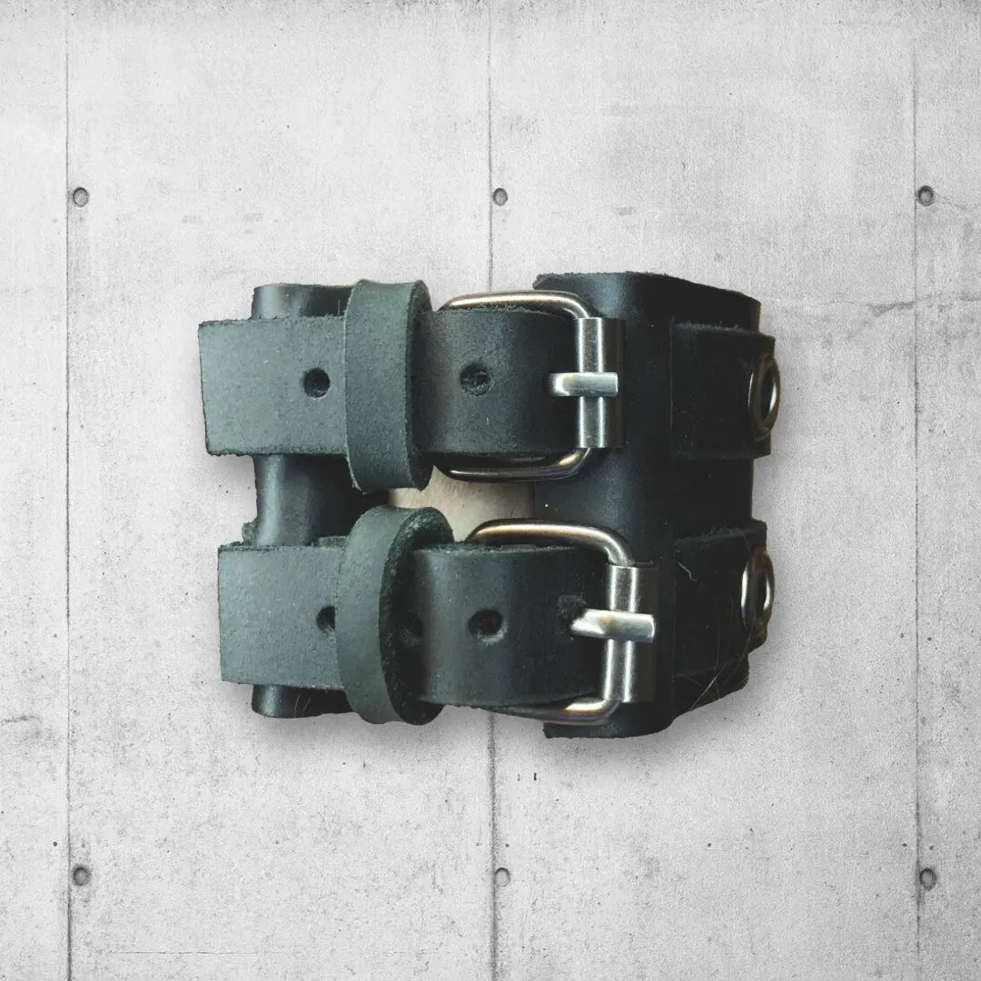 Punk Rocker Two Strapped Eyelet Black Leather Cuff boomersarepunktoo.com