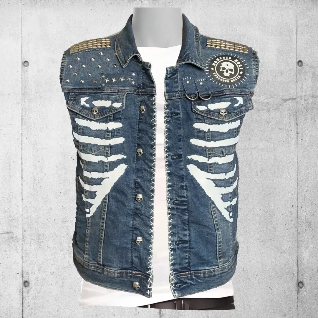 Blue Denim Punk Rib Cage Studded Battle Jacket Vest – Boomers are