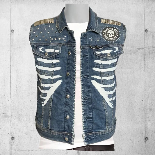 Punk Style Rib Cage Denim Battle Jacket Vest boomersarepunktoo.com