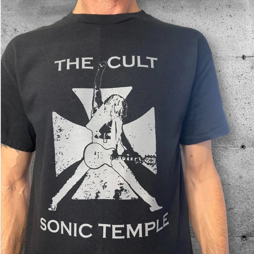 Black The Cult Sonic Temple t-shirt with guitarist silhouette, cross graphic, band tee