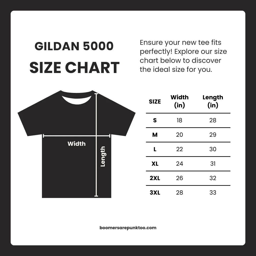 Gildan 5000 t-shirt size chart showing width and length measurements for sizes S to 3XL.