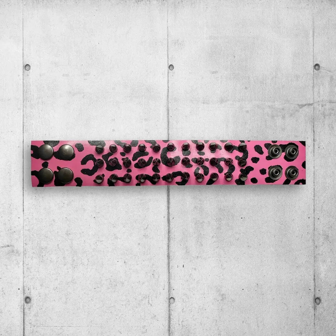 Unisex Pink Leopard Print Spiked Leather Cuff boomersarepunktoo.com