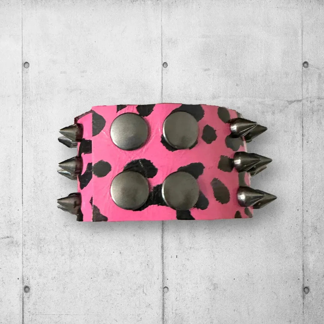 Unisex Pink Leopard Print Spiked Leather Cuff boomersarepunktoo.com
