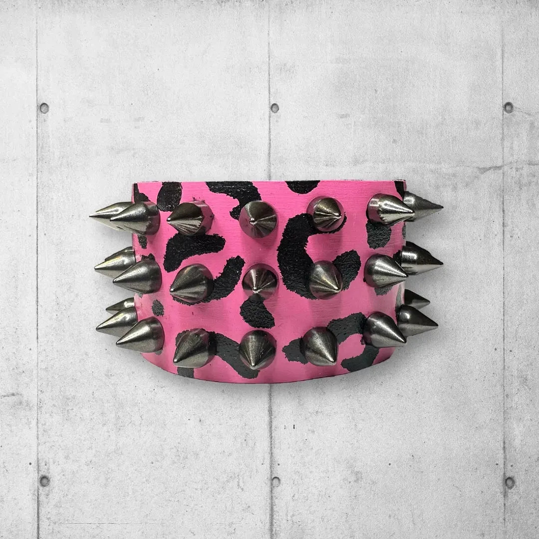 Unisex Pink Leopard Print Spiked Leather Cuff boomersarepunktoo.com