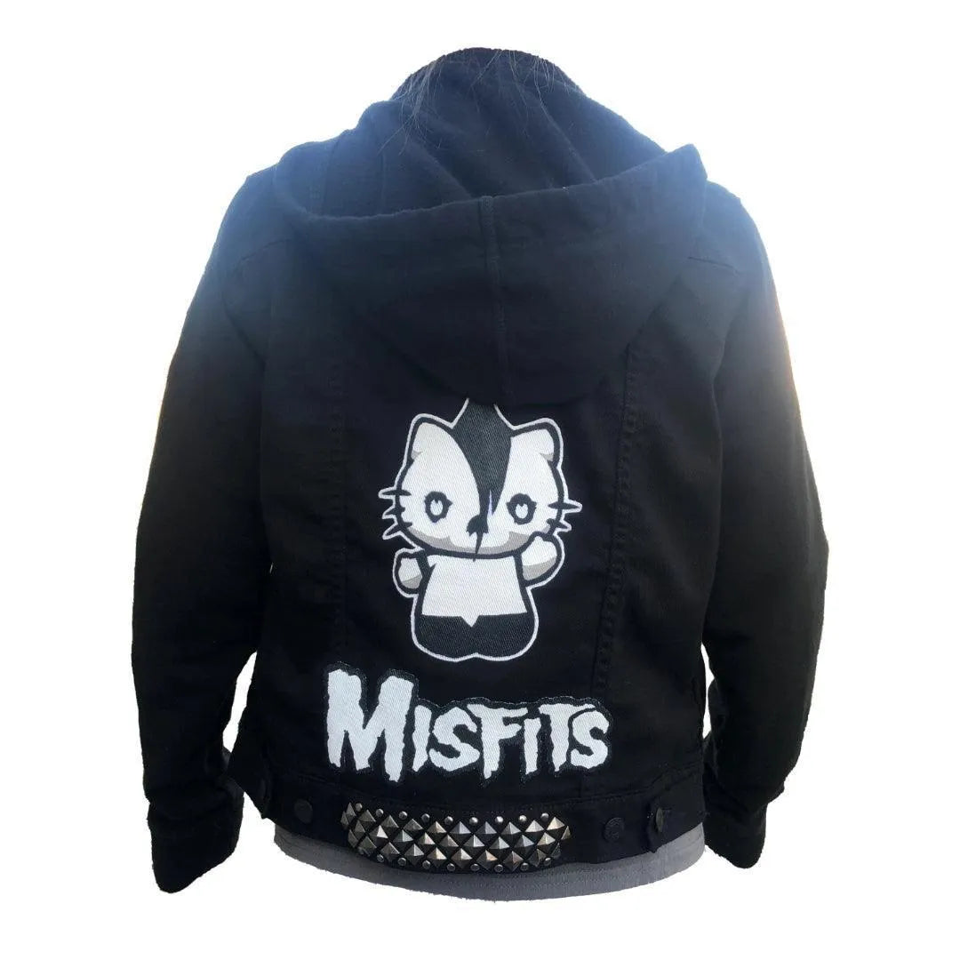 Women’s Black Misfits Kitty Rib Cage Hoodie Jean Jacket boomersarepunktoo.com