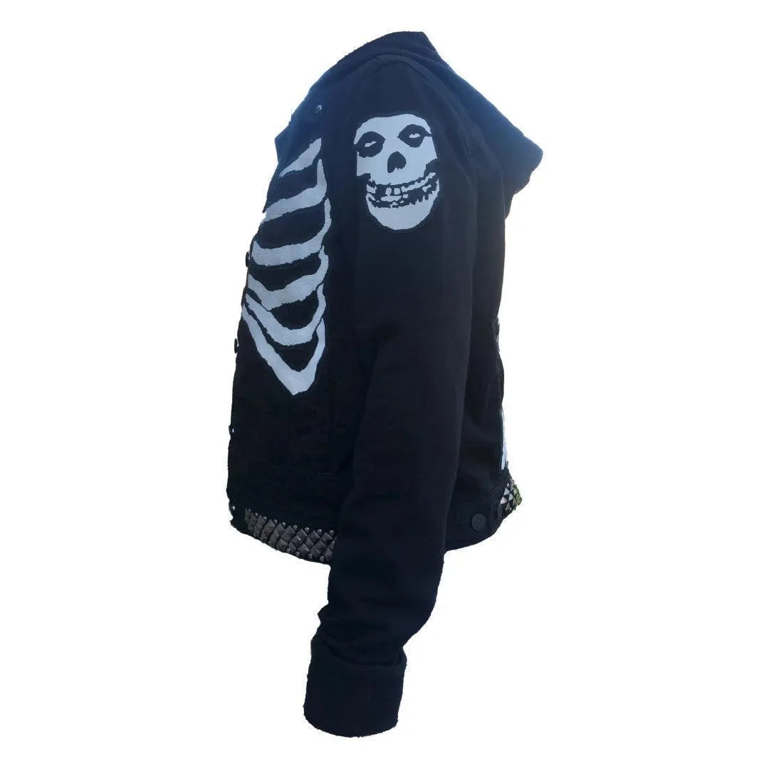 Women’s Black Misfits Kitty Rib Cage Hoodie Jean Jacket boomersarepunktoo.com