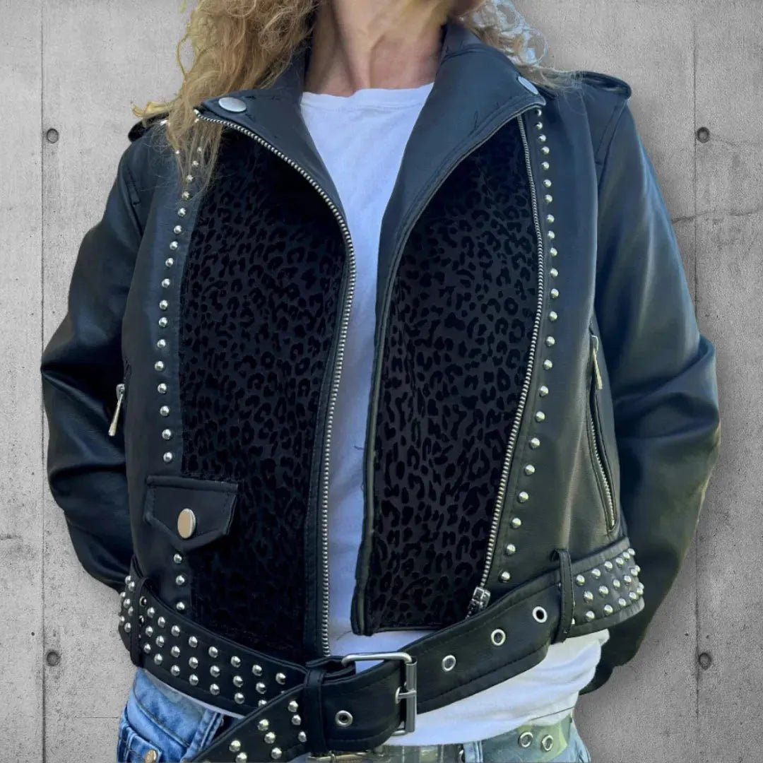 Women's Cropped Black Studded Vegan Leather Jacket (Leopard Print) boomersarepunktoo.com