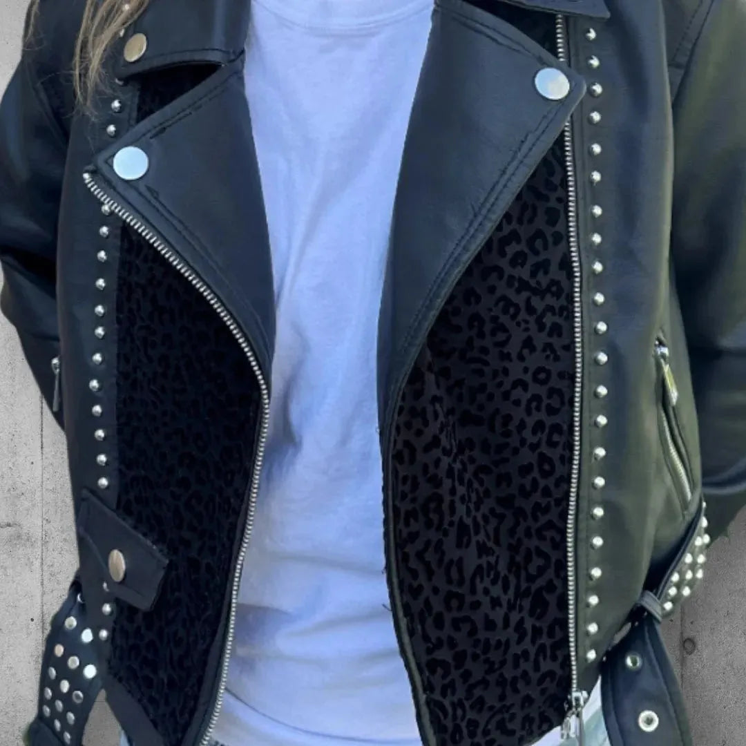 Women's Cropped Black Studded Vegan Leather Jacket (Leopard Print) boomersarepunktoo.com