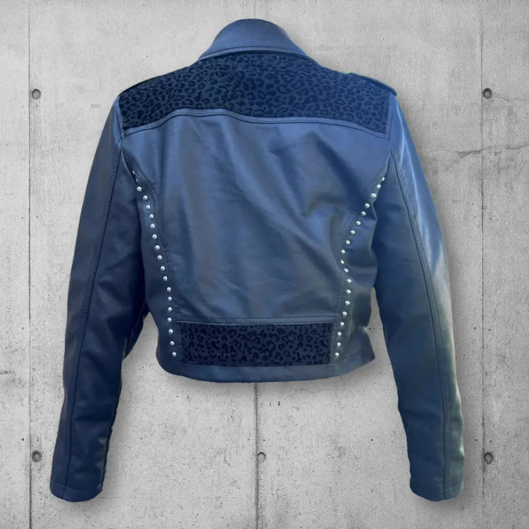 Women's Cropped Black Studded Vegan Leather Jacket (Leopard Print) boomersarepunktoo.com