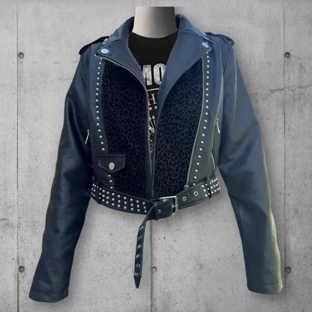 Women's Cropped Black Studded Vegan Leather Jacket (Leopard Print) boomersarepunktoo.com