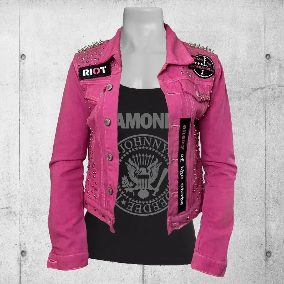 Women's Pink Enemy of the State Punk Studded Battle Jacket boomersarepunktoo.com