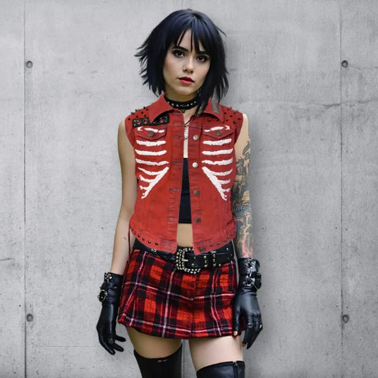 Women's Red Denim Punk Rocker Rib Cage Vest boomersarepunktoo.com