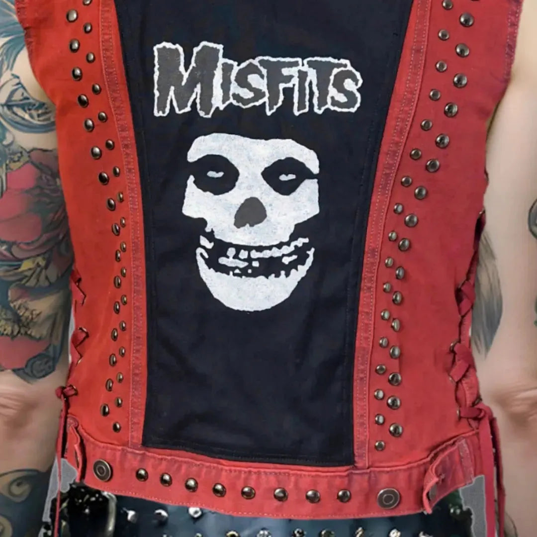 Women's Red Denim Punk Rocker Rib Cage Vest boomersarepunktoo.com
