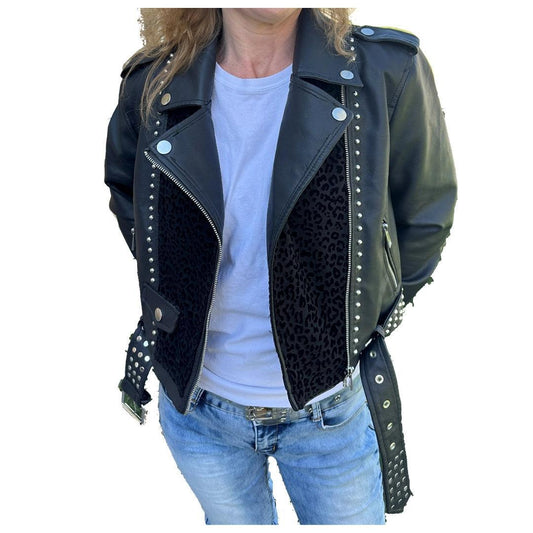 Women's Cropped Black Studded Faux Leather Rocker Jacket (Leopard Print)