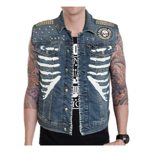 Punk Style Rib Cage Denim Battle Jacket Vest