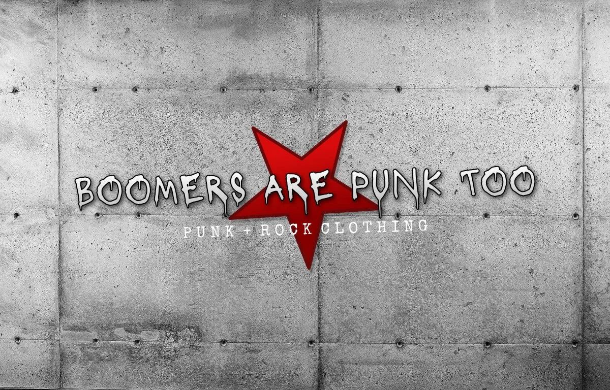 Boomers Are Punk Too logo with a red star on a grey concrete wall background.