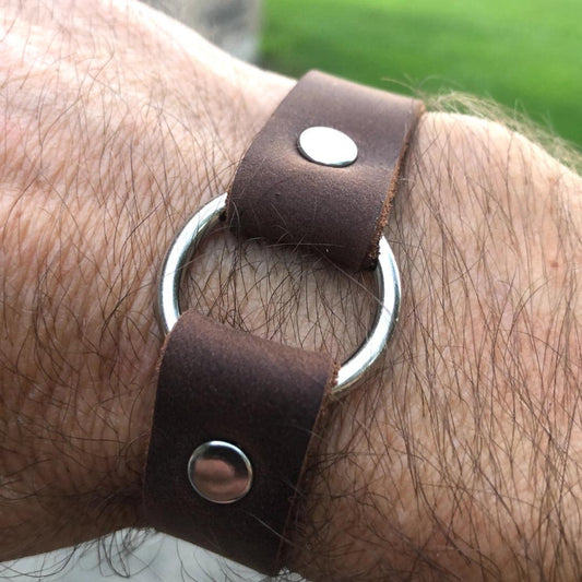 Adjustable Minimalist Soft Brown Leather Steel Ring Bracelet