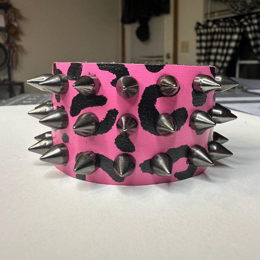 Pink and Black Unisex Leopard Print Spiked Leather Cuff