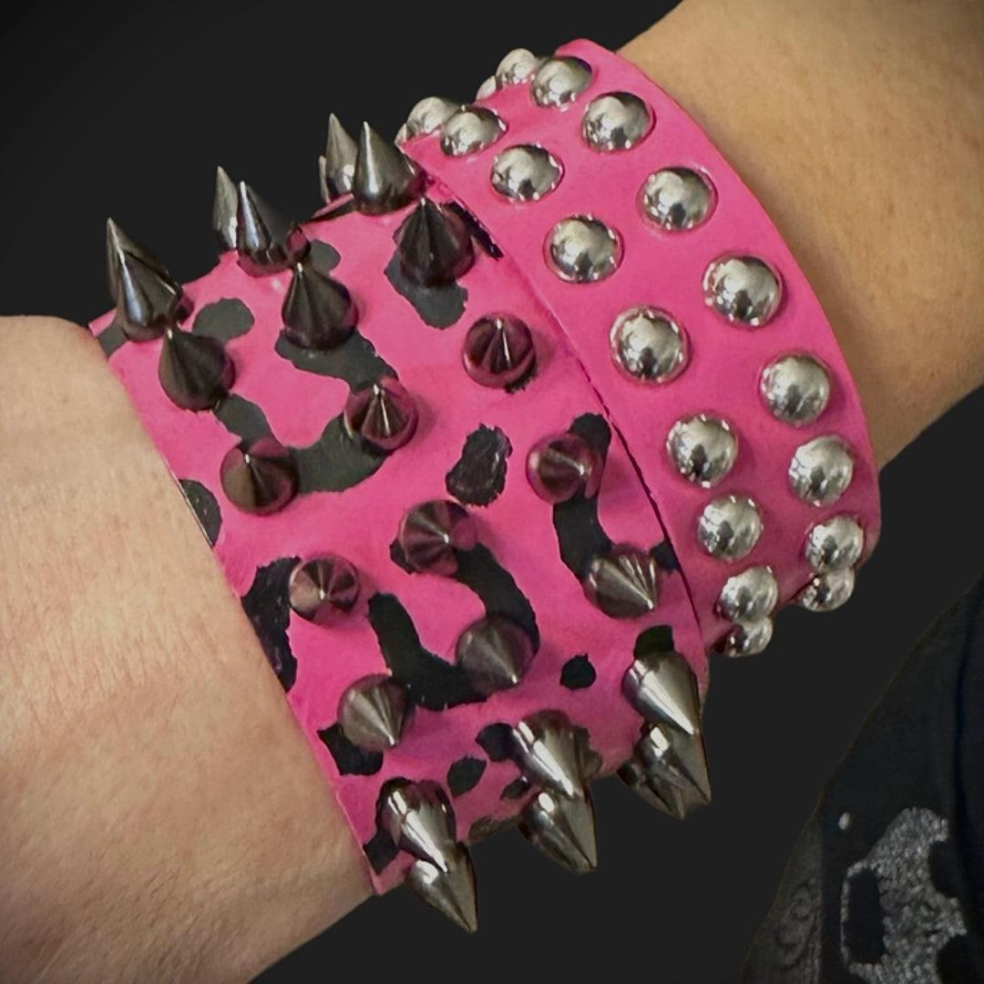 Pink and Black Unisex Leopard Print Spiked Leather Cuff