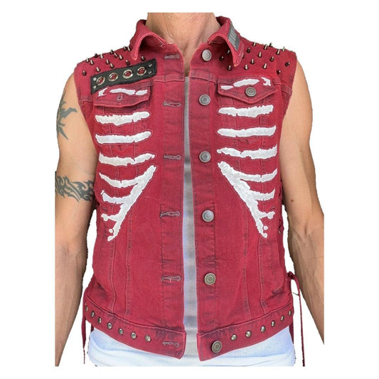 Women's Red Denim Punk Rocker Rib Cage Vest