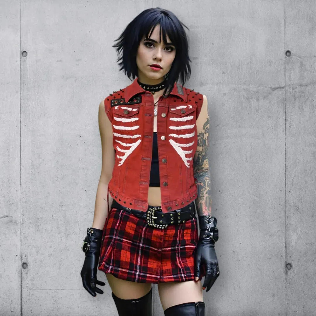 Woman with dark hair in punk rock outfit, featuring a red skeleton rib cage vest, red plaid mini skirt, and black gloves, standing against a concrete wall.