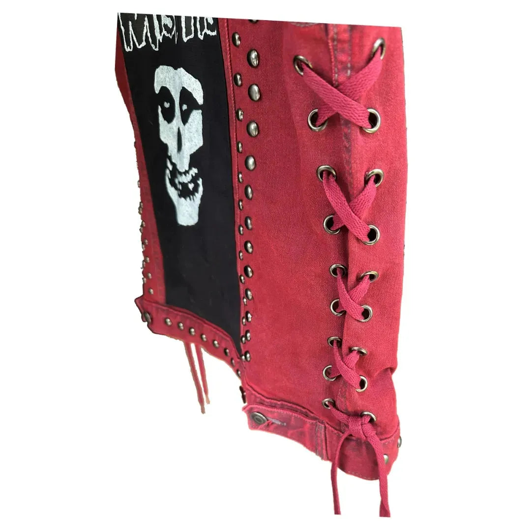 Women's Red Denim Punk Rocker Rib Cage Vest right side close up of corsetting boomersarepunktoo.com