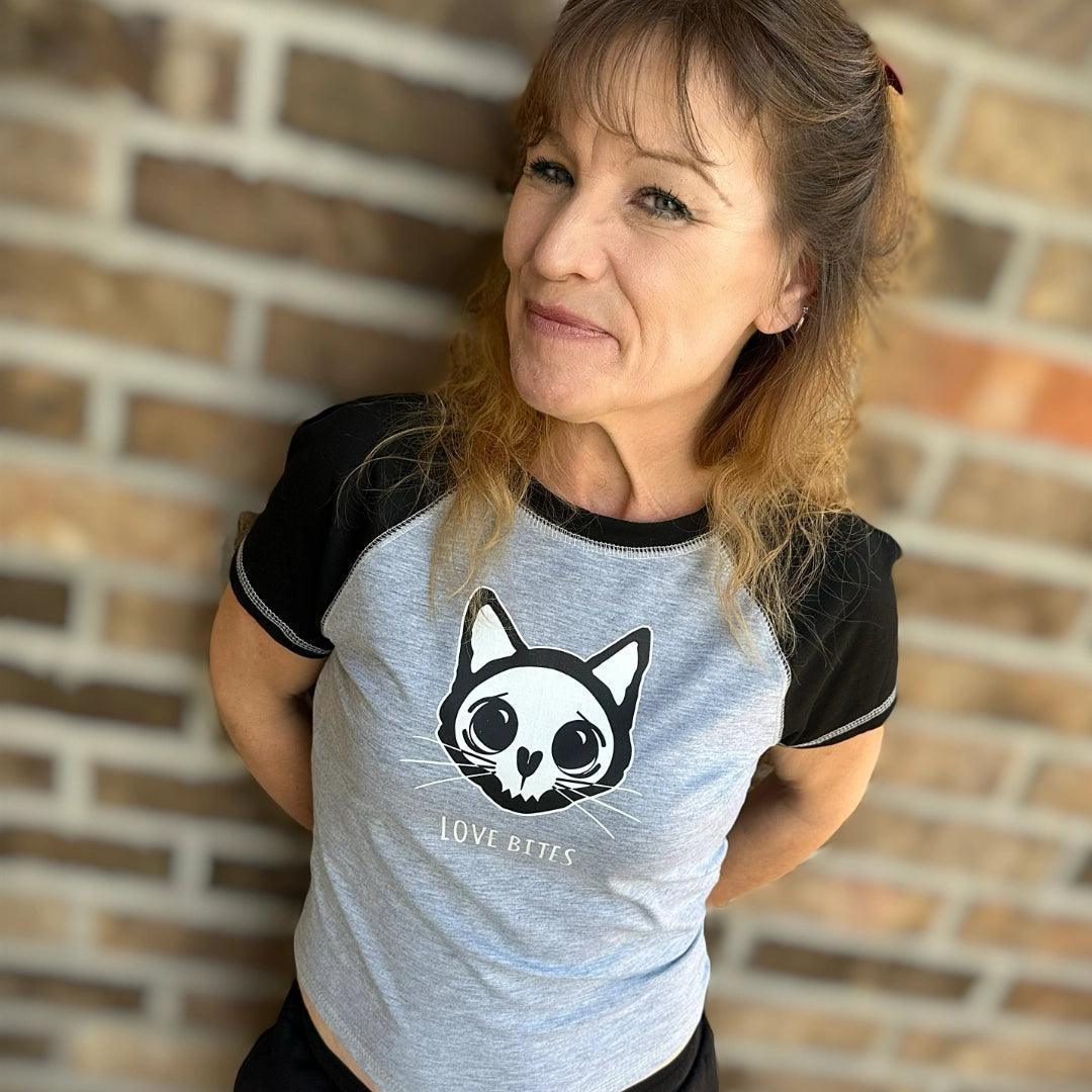 Love Bites Gothic Kitty Skull Stretchy Crop Tee Shirt boomersarepunktoo.com