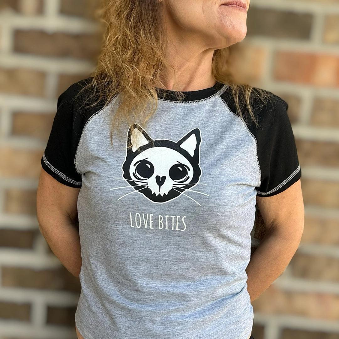 Love Bites Gothic Kitty Skull Stretchy Crop Tee Shirt boomersarepunktoo.com