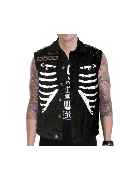 Men’s Black Punk Rock Skeleton Rib Cage Battle Vest boomersarepunktoo.com