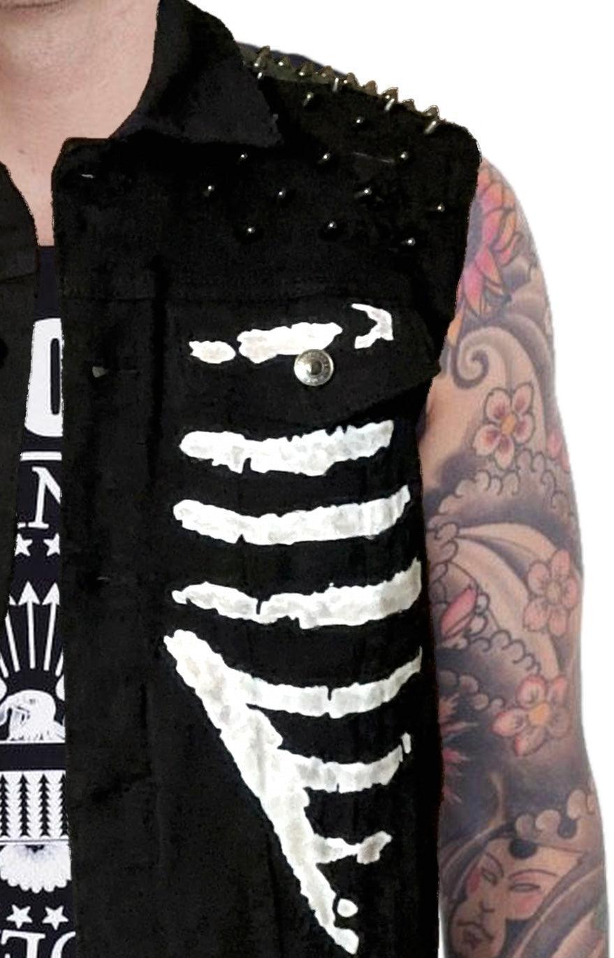 Men’s Black Punk Rock Skeleton Rib Cage Battle Vest boomersarepunktoo.com