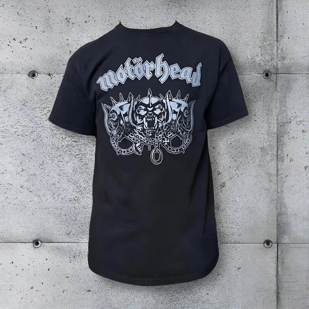 Black Motörhead T-shirt with three-headed Warpig graphic, punk and rocker clothing style