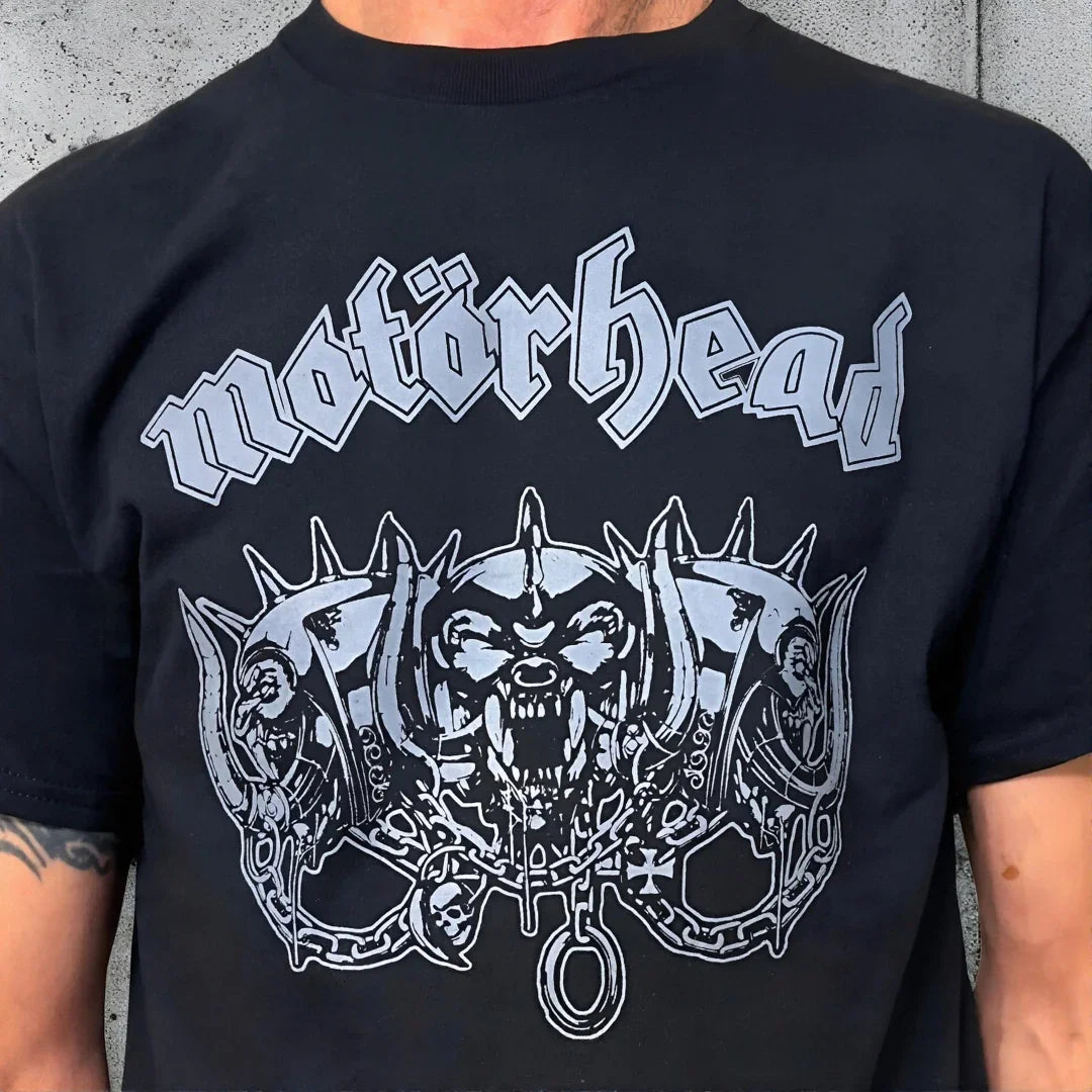 Black Motörhead heavy metal t-shirt with three-headed war pig graphic, punk rocker style