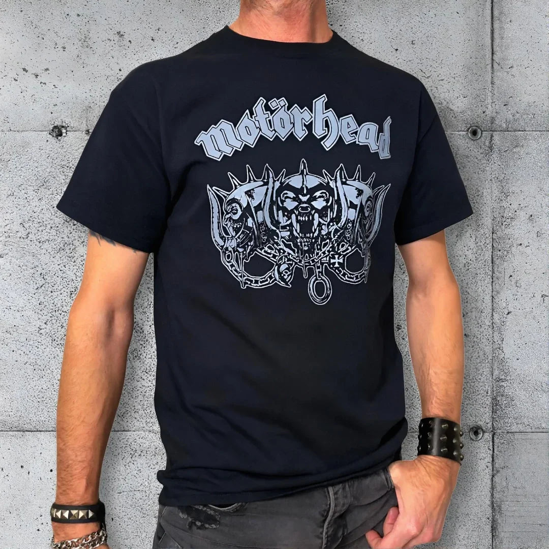 Black Motörhead graphic t-shirt with three-headed Warpig design, punk rocker clothing