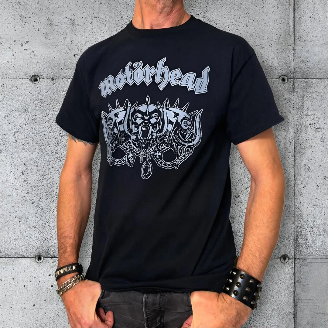 Black Motörhead t-shirt with three-headed warpig graphic, punk rocker style, worn by man