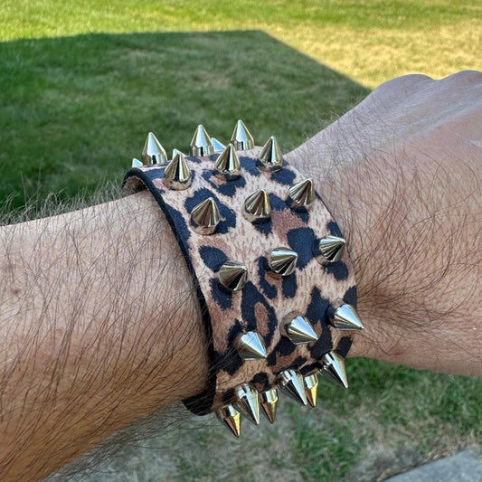 Pretty in Punk Brown Leopard Print Spiked Leather Cuff boomersarepunktoo.com