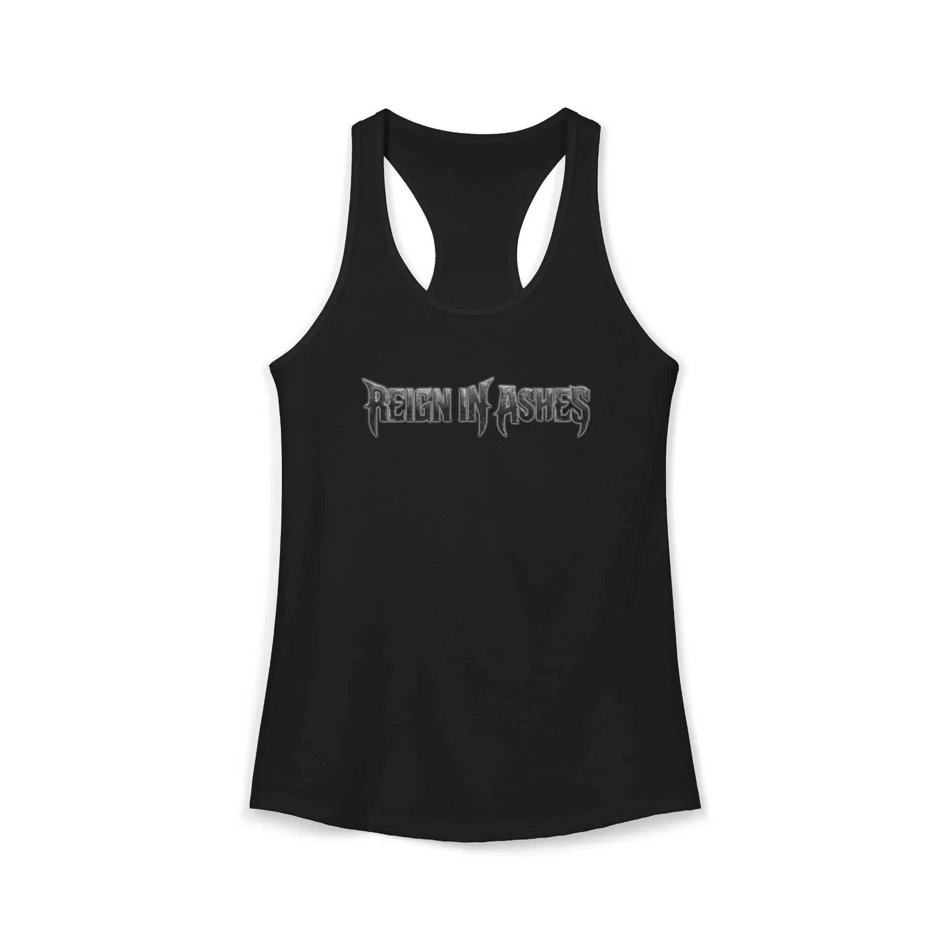 Black racerback tank top with 'Reign in Ashes' gothic graphic, punk rock style apparel for men and women