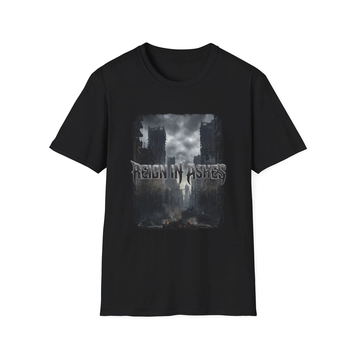 Black punk t-shirt with 'Reign in Ashes' graphic, featuring a dystopian cityscape, perfect for rocker and gothic styles.