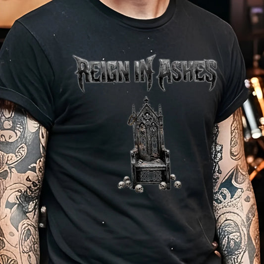 Black punk t-shirt with 'Reign in Ashes' gothic throne graphic, skulls, worn by tattooed person