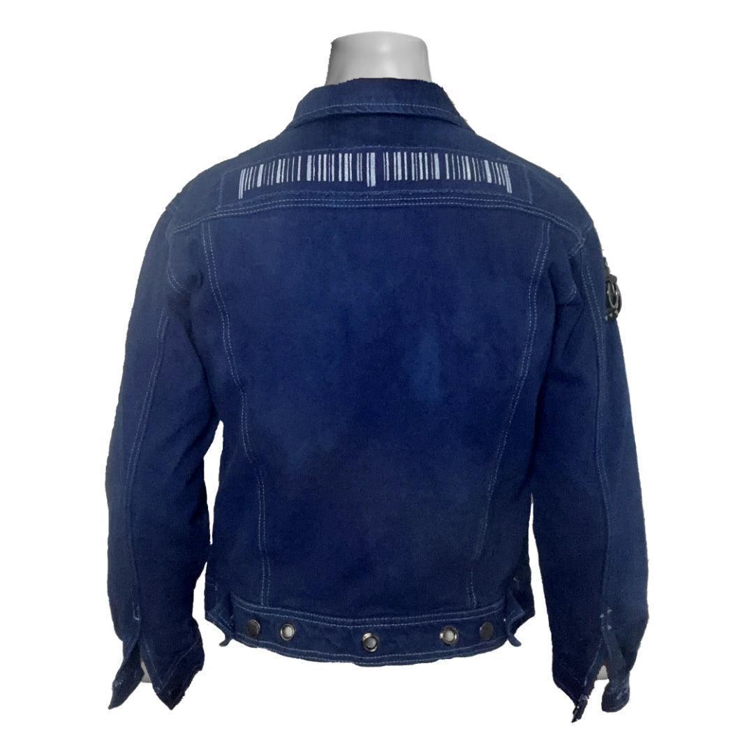 Back view of a punk- inspired royal blue denim jacket featuring a light grey painted bar code patch across the upper back and metal grommets lining the jacket hem. Perfect for punk rock fashion enthusiasts.