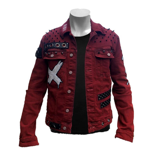 Red denim jacket with punk-inspired design, featuring round head studs on the shoulders, a white 'X' painted on the left side upper pocket, and two black leather strips with gunmetal studs on the lower left side.