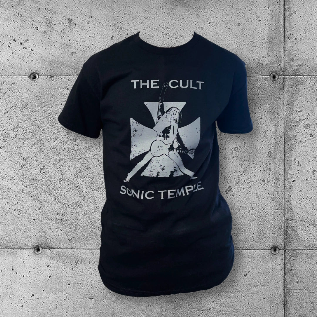 Black The Cult Sonic Temple graphic t-shirt with guitarist print, punk rocker style