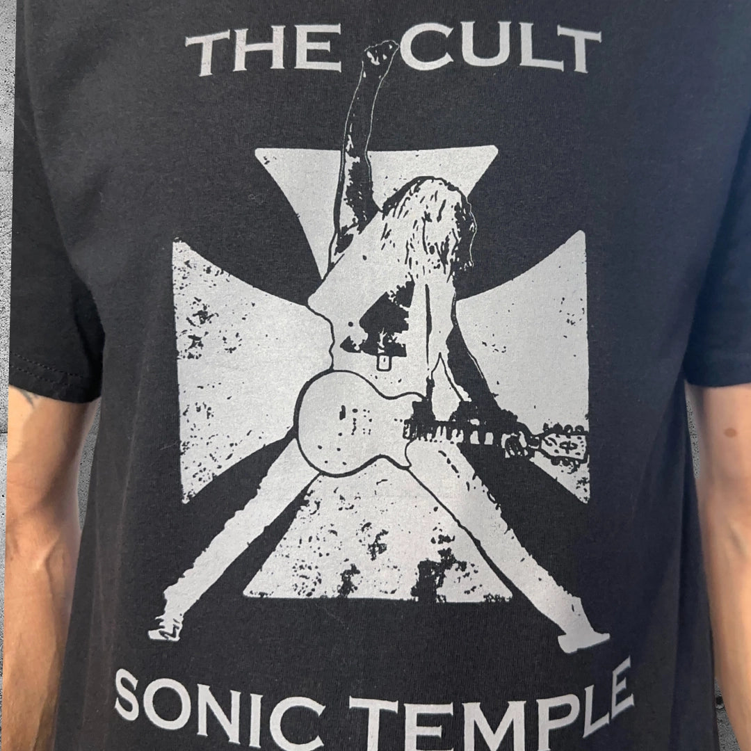 Black The Cult Sonic Temple t-shirt featuring rocker graphic and gothic punk design